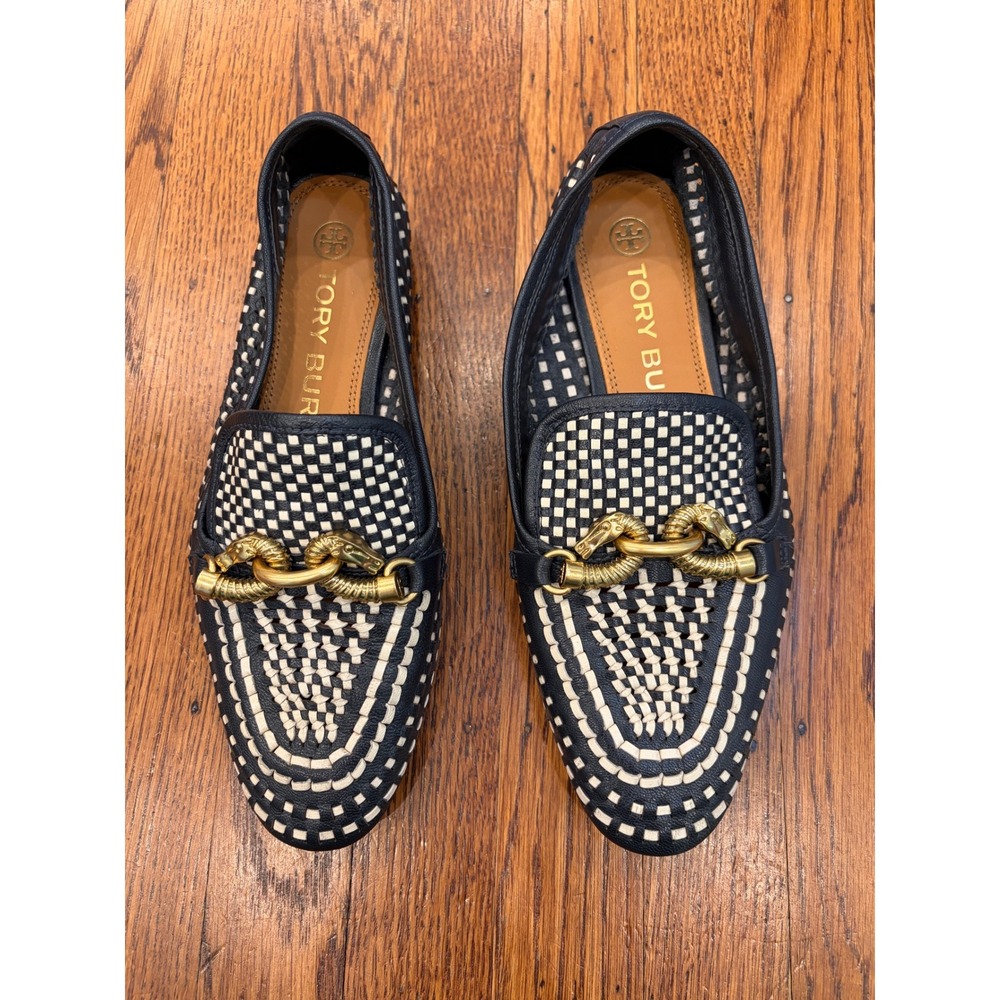 Tory Burch Jessa Woven Leather Loafers Navy Cream Gold Horsehead 7M 8913 J21